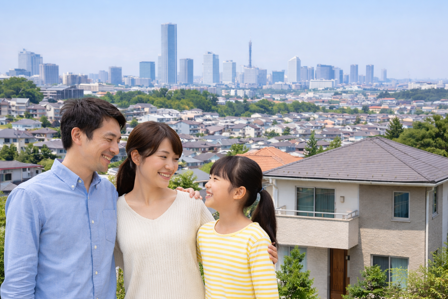 横浜の町並みと幸せな家族