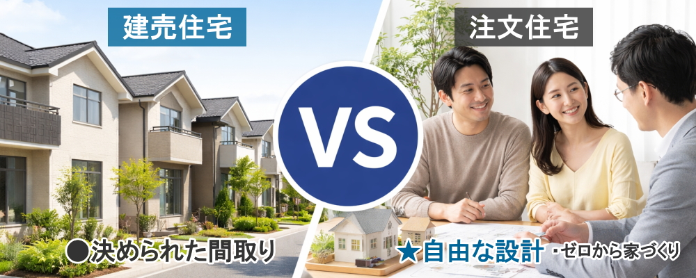 建売住宅と横浜の注文住宅を比較するビジュアル（設計・費用・入居時期）